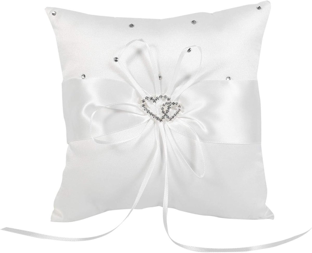 Romantisch Ringkussen met Strik en Dubbele Harten, 20x20 cm, Wit Zijde, Bruiloft Decoratie, Vintage Stijl, Perfect voor de Bruid