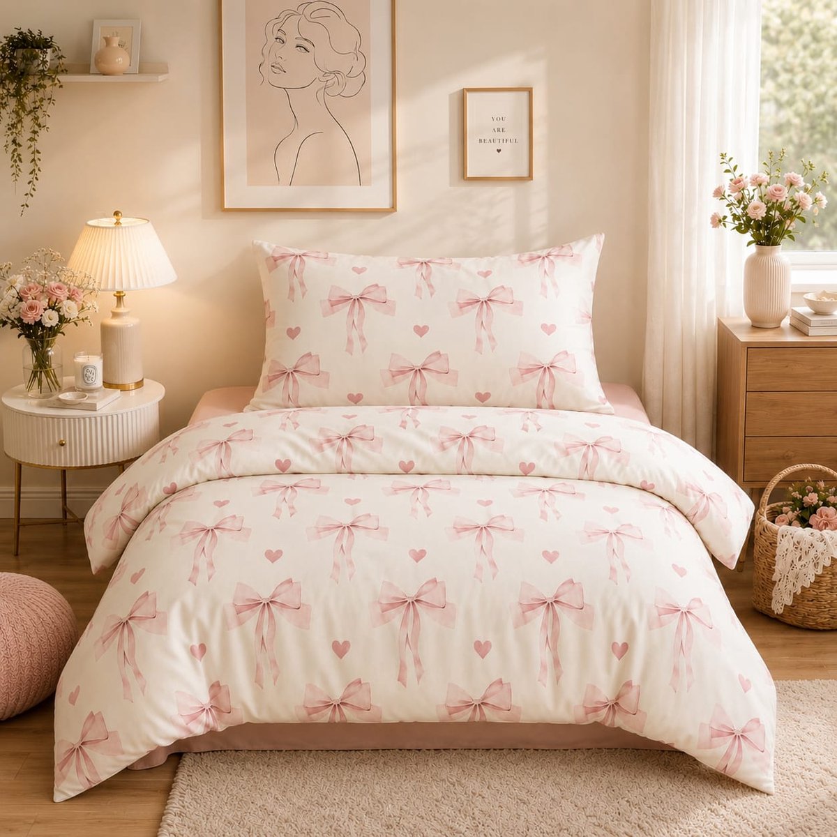 Beddengoedset 135x200 cm - Roze met strikken - Omkeerbaar dekbedovertrek met ritssluiting en kussensloop 80x80 cm - Microvezel - Allergievriendelijk - OEKO-TEX gecertificeerd