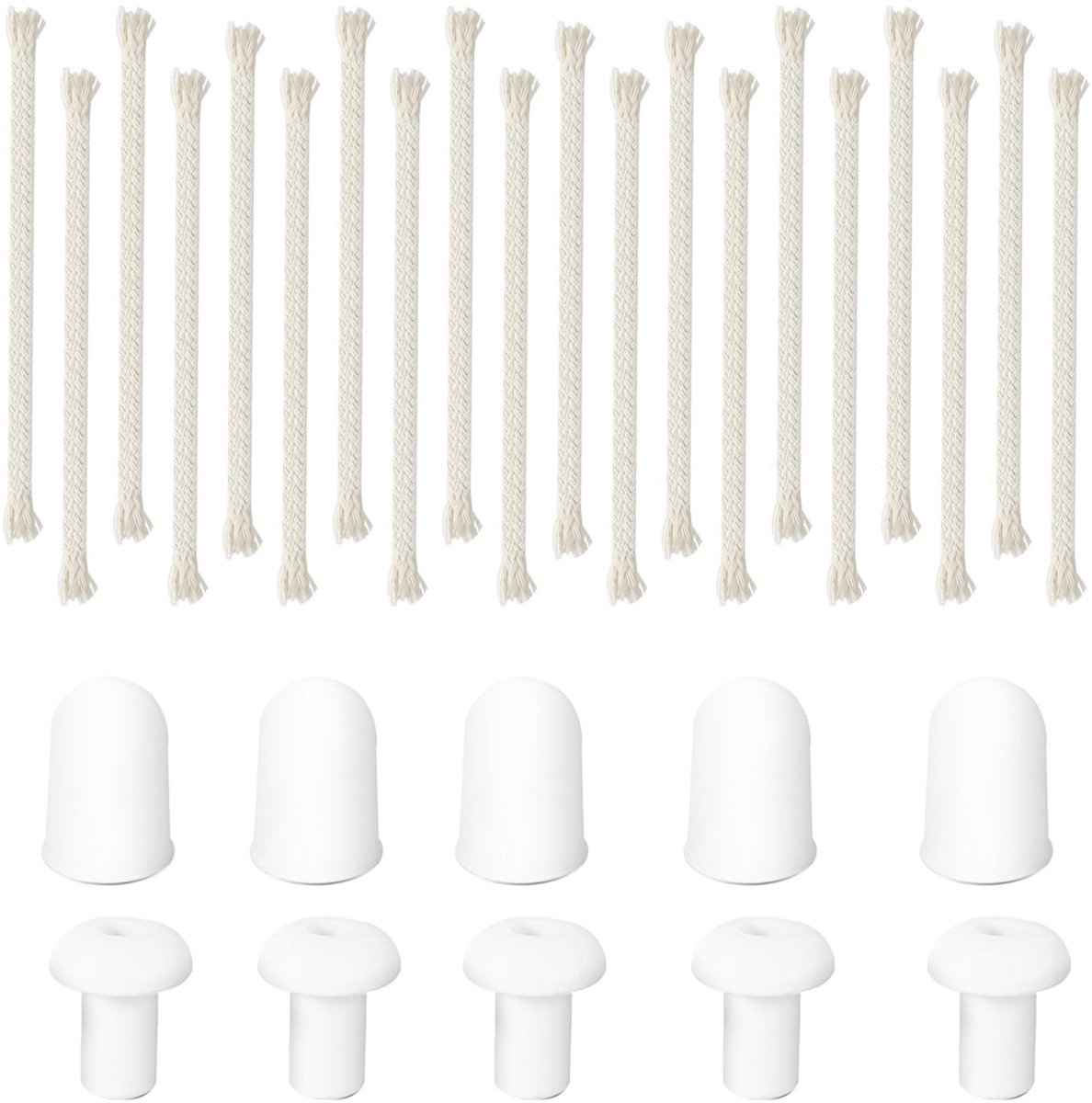 Dailygoods- Lont 20 Stuks 150 x 6 mm - Keramische Lampkoppen 5 Stuks - Plastic Lampdoppen 5 Stuks - Voor Olielampen - Ideaal voor Noodverlichting - Duurzaam en Veilig - Olielamp