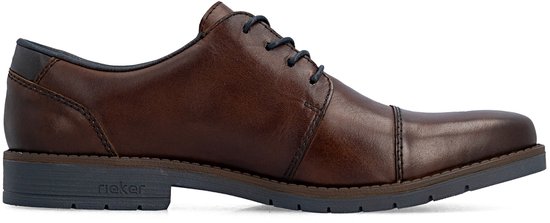 Bruine leren veterschoen met donkerblauwe bies en grijze zool. De schoen heeft Rieker op de zijkant.