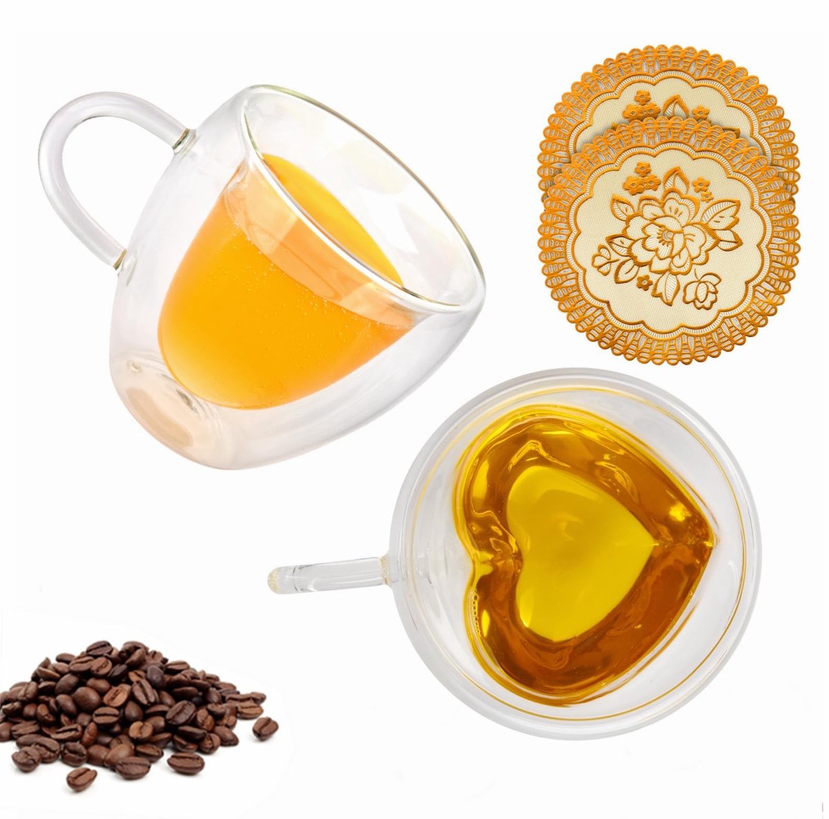 Dailygoods- Koffiekopjes 250 ml - Dubbelwandig - Antislip Onderzetters - Voor Koppels - Vaatwasserbestendig - Kunstrozenblaadjes - Cappuccinokopjes