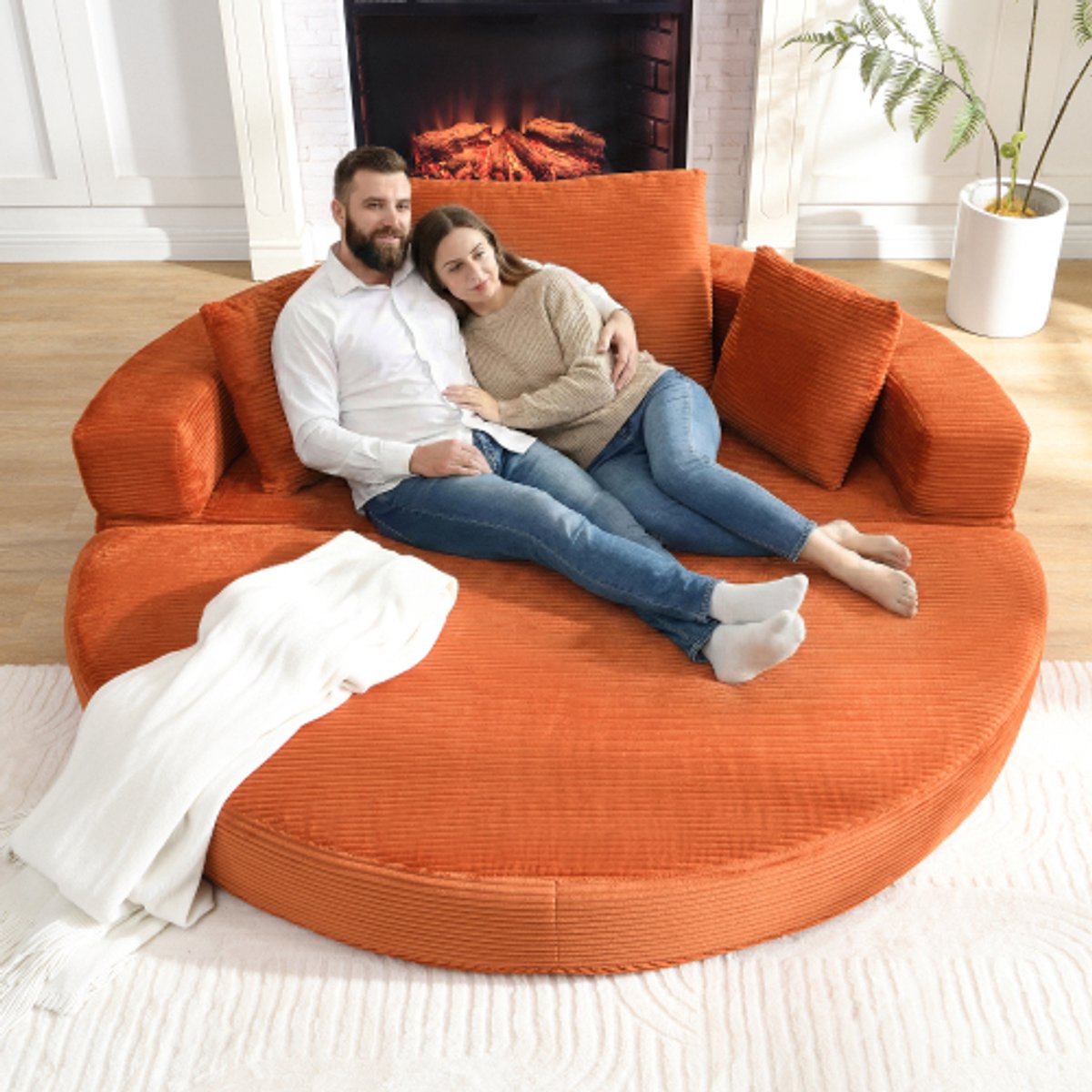 Zubaliya Tweepersoons slaapbank met matras - 2-in-1 ovale slaapbank, 173x176 cm, oranje corduroy, modern, modulair.