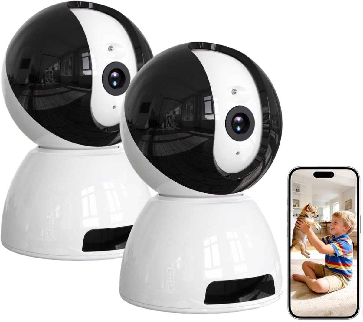 Beveiligingscamera Binnen - 2K Pan & Tilt - Indoor Cam - Binnencamera - Huisdiercamera - Nachtzicht - Bewegings- en geluidsdetectie - Tweerichtingsaudio - Beveiligingscamera Met WiFi en App – Compatibel met Amazon Alexa - 2PC