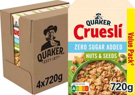 Quaker Cruesli Zero Sugar Added NUTS & SEEDS ontbijtgranen, waarde verpakking 4x720g.