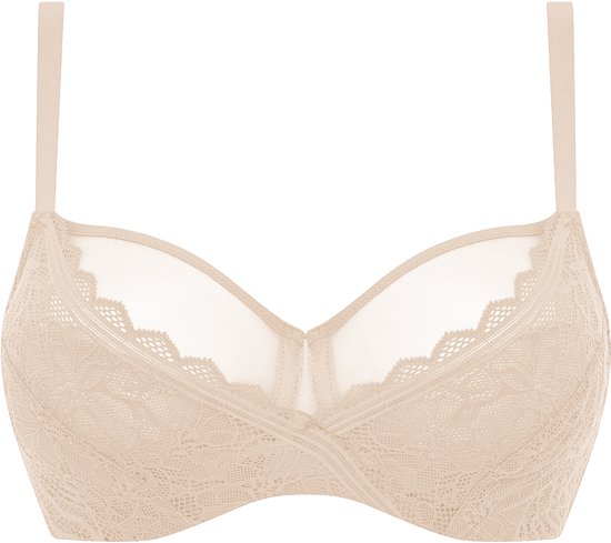 Soutien-gorge à armatures beige avec bonnets en dentelle et haut transparent.