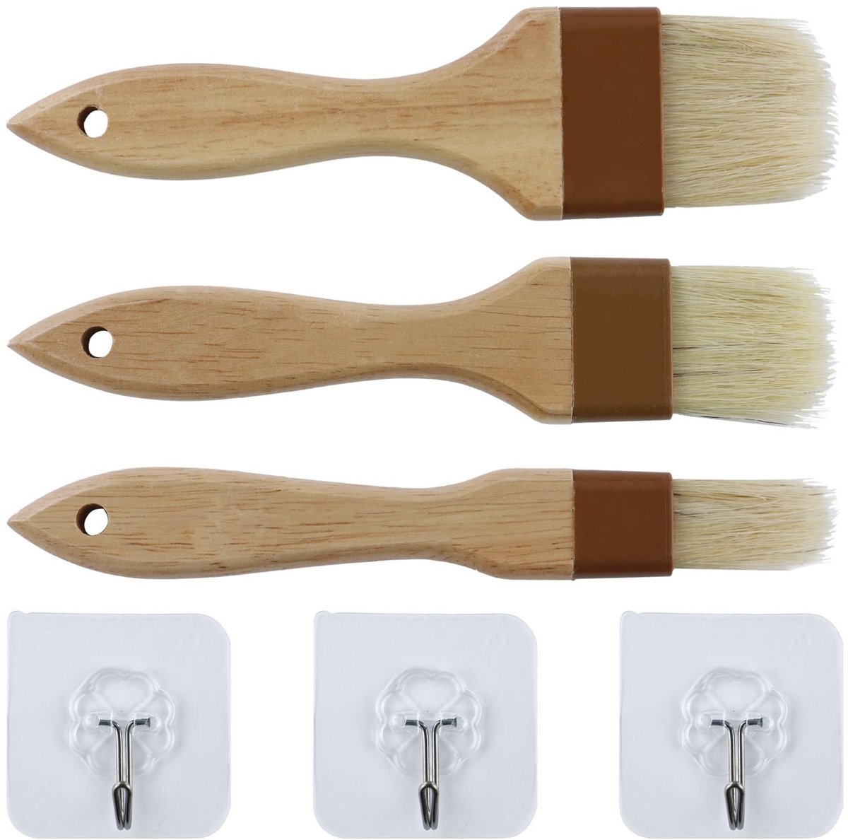 Dailygoods- Bakkwast 3 stuks - Hittebestendig - Natuurlijke haren - Houten handgreep - Voor grill/vlees - Inclusief haken - Keukenborstel