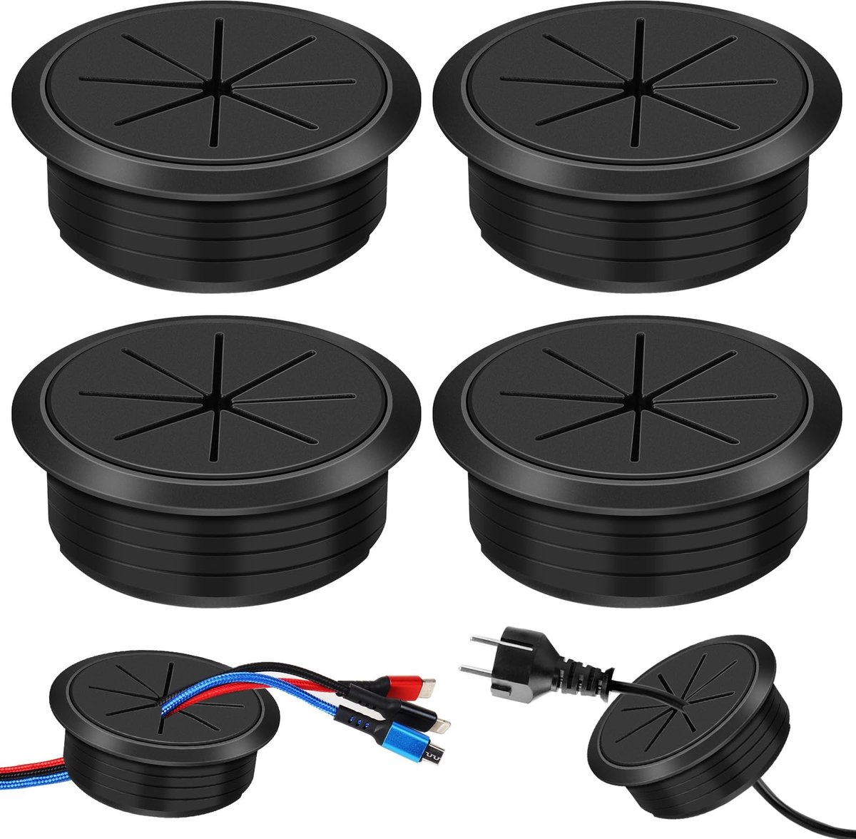 Dailygoods- Kabeldoorvoer 60 mm Ø - Flexibele Kabeldoorvoer - Zwart - Set van 4 Stuks - Hoogwaardig ABS-Kunststof - Modern Minimalistisch - Kabeldoorvoeren