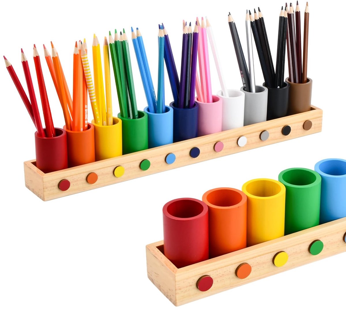 Dailygoods - Kleurrijke potloodhouder van hout, 46 x 5,8 x 8 cm, grote capaciteit, 11 kleuren, pennenhouder voor kleurpotloden, houten potloodhouder, bureau-pennenhouder voor kantoor, school, thuis