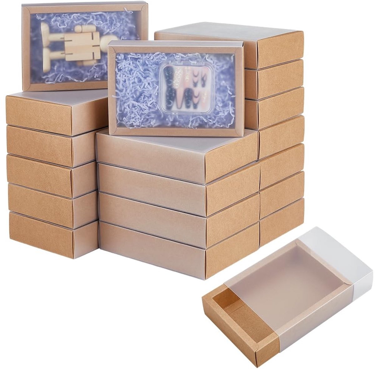 Dailygoods - BENECREAT 30 Set Bruine Kraft Lade Geschenkdoos, Papier Opslag Organisatoren met Doorschijnend Plastic Schuifdeksel voor Bruiloft Gunsten, DIY Ambachten, Kleine Item Display, 18,2x13x4,6cm