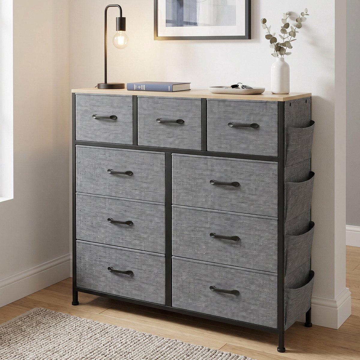 Ladekast - 98.8x30x100 cm - 9 stoffen lades met zijvakken en haken - metalen frame en vliesstof - modern - donkergrijs