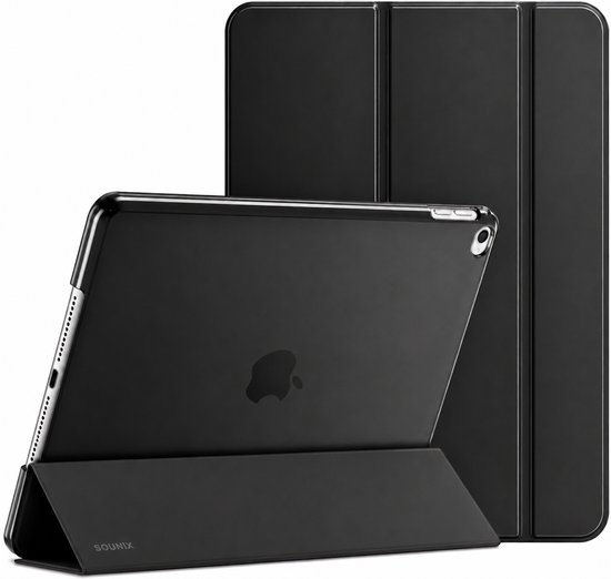 Zwarte Sounix tablethoes, met de iPad in stand.