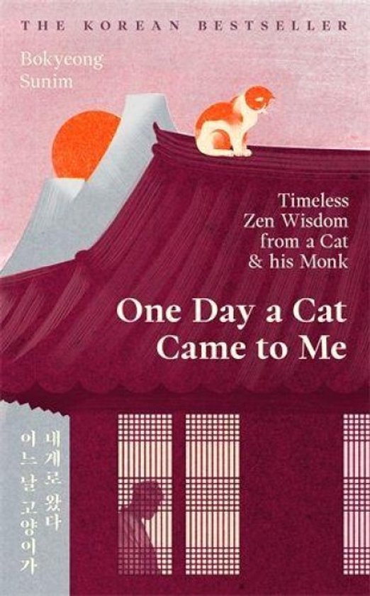 Boekomslag van 'One Day a Cat Came to Me' met een illustratie van een kat op een dak, een zonsopgang en Koreaanse tekst.