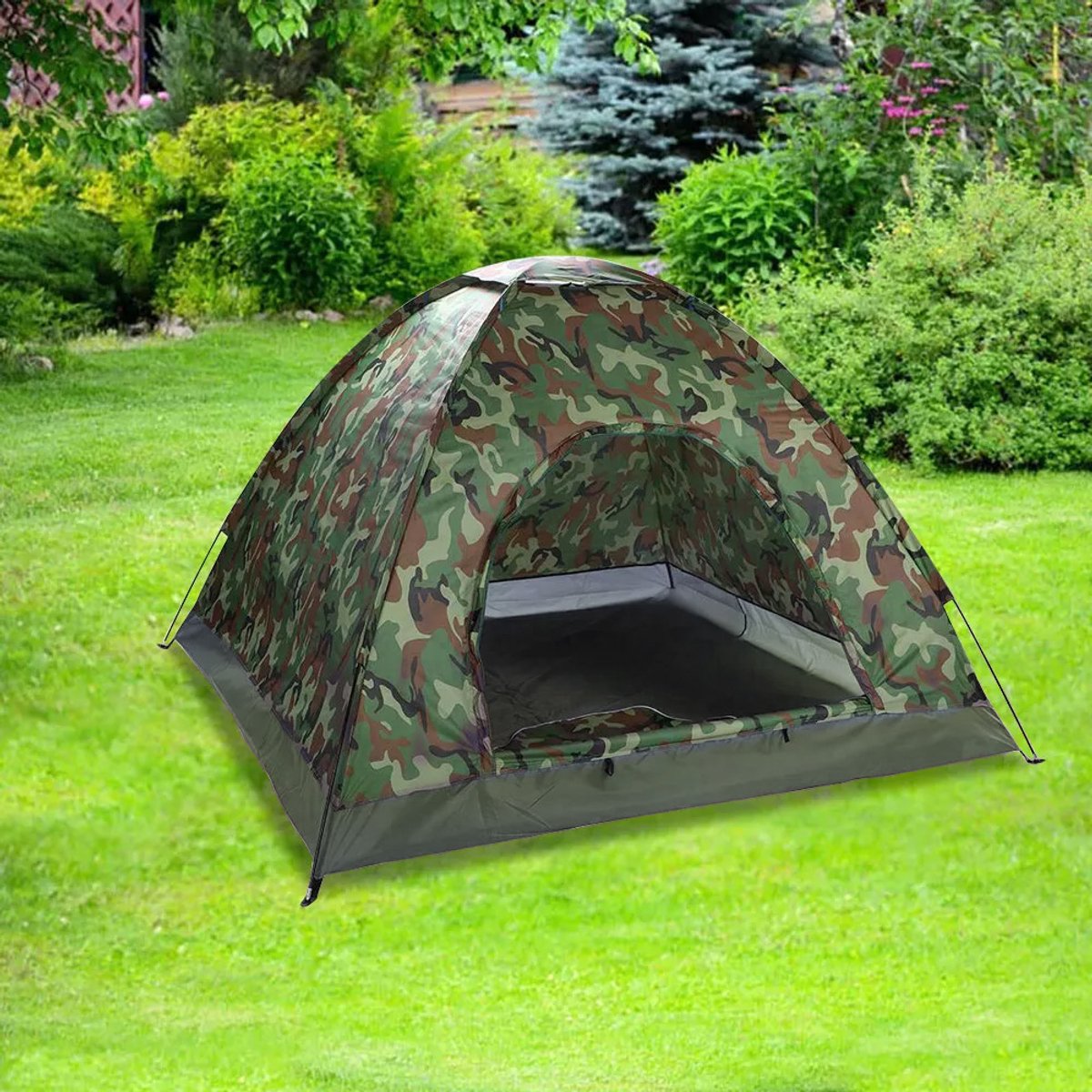 Camouflagetent - Twee personen - Camouflage - Inclusief accessoires: 4 tentharingen, 2 tentstokken, 1 opbergtas - Tent met één laag - 200 x 150 x 110 cm - Oxford-stof (niet waterdicht) – foto 7