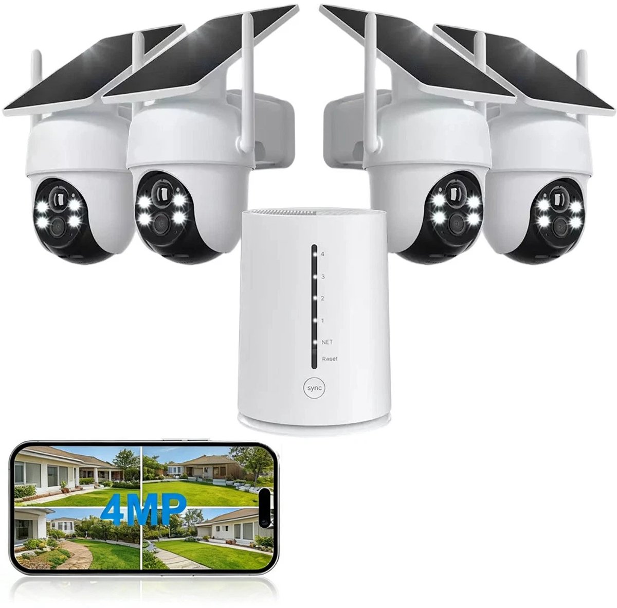 Set van 4 camera's met HomeBase zonnepaneel - Wifi - Beveiligingscamera'svoor Buiten 4MP set - Beveiliging voor thuis - Draadloos - Beveiligingscamera's set - veiligheid - bewaking