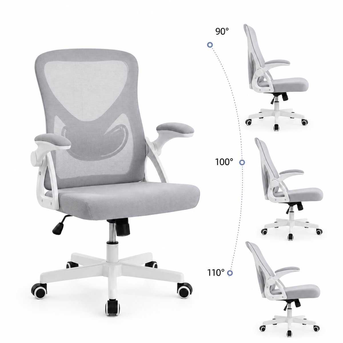 Ergonomische Bureaustoel - Office Chair - Opklapbare armleuningen-Lendensteun - Grijs