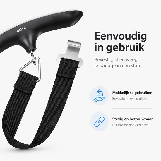 Zwarte weegschaal met zwart lint en metalen haak. Makkelijk te gebruiken, stevig en betrouwbaar. Eenvoudig in gebruik, bevestig, til en weeg je bagage in één stap.