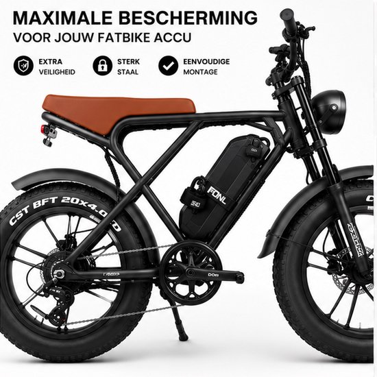Zwarte fatbike met bruin zadel, "FONL" accu-slot en dikke banden.