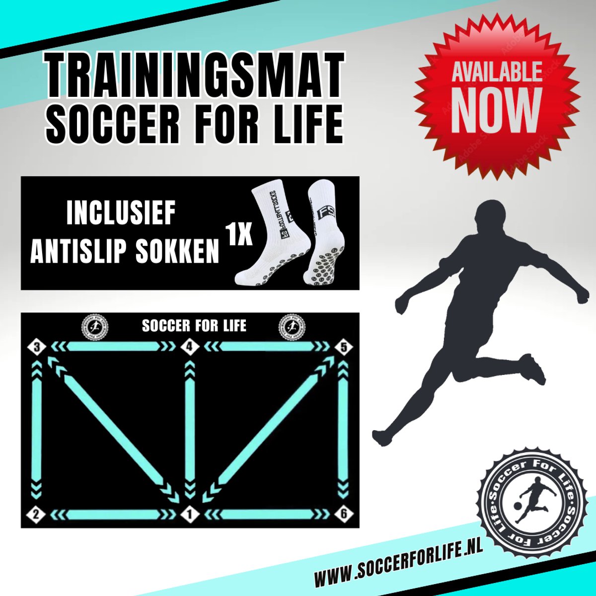 Soccer For Life® - Voetbalmat - 90x60 cm - Dribbelmat - Trainingsmateriaal - Voetbal Trainingsmateriaal - Voetbal spullen - Voetbal tapijt - Skills mat - Opvouwbaar - Antislip - Sportmat - Inclusief antislip sokken