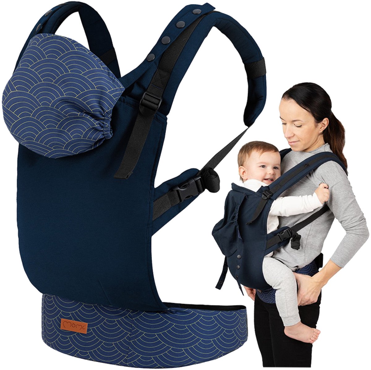 MoMi COLLET Draagzak - Ergonomische Babydrager - M-Positie - Verstelbaar - Met Afneembare Capuchon - Navy