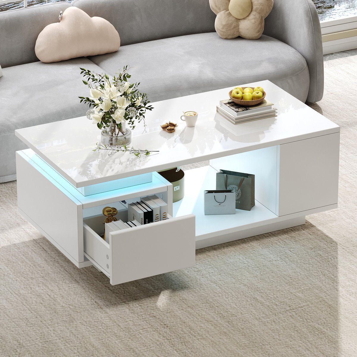 DESMIU Salontafel Met Hoogglans Afwerking, Lade En Zijvakken, Voor Woonkamer En Banken, Spaanplaat, Wit, 100 X 50 X 36 Cm