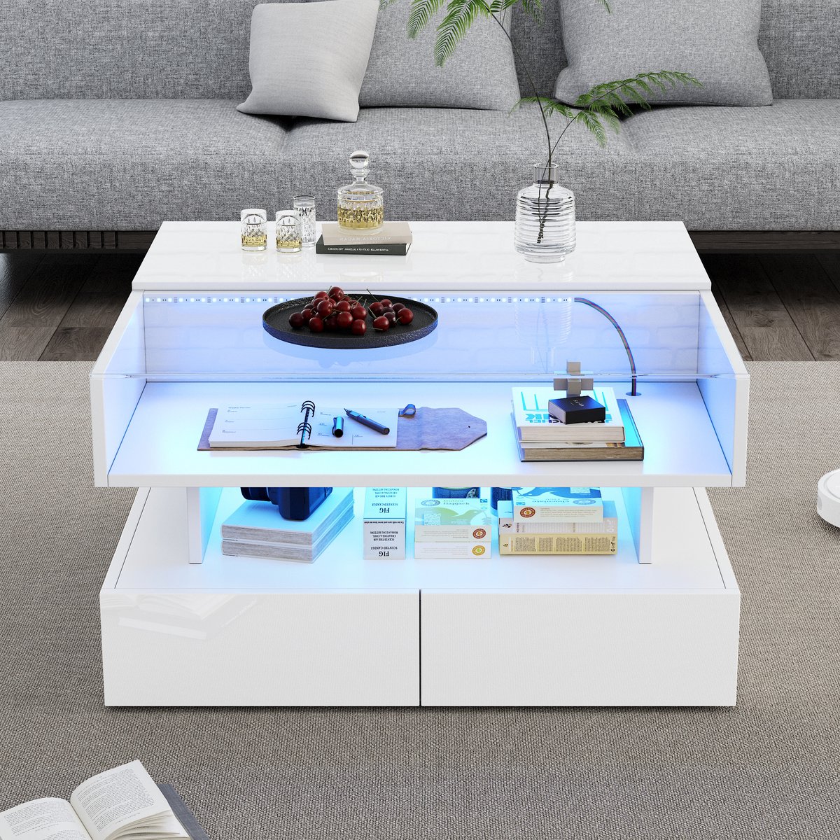 DESMIU Salontafel – Hoogglans Hefbaar Met LED En Verborgen Opbergruimte – Voor Woonkamer En Thuiswerkplek – Wit – 80 x 80 x 45 Cm