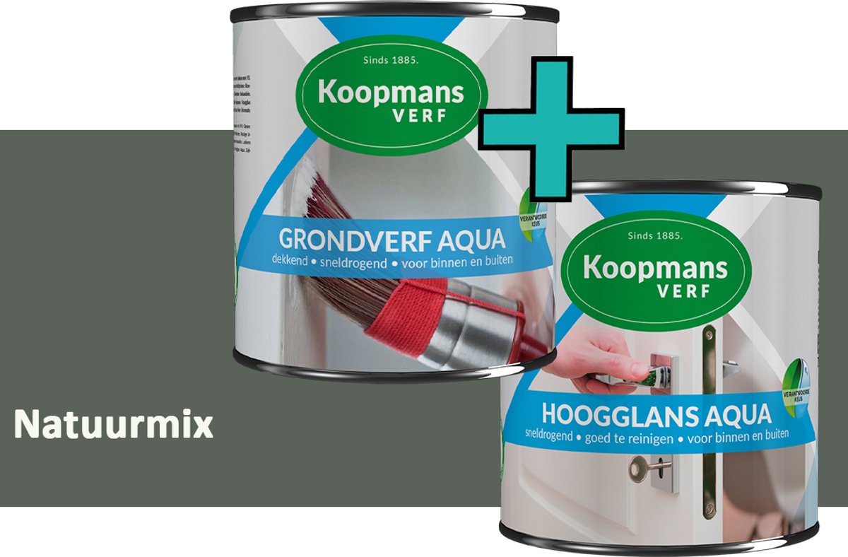 Koopmans Grondverf Aqua en Hoogglans Aqua Verfset - Binnen en Buiten - Natuurmix - 2x 1,5 l
