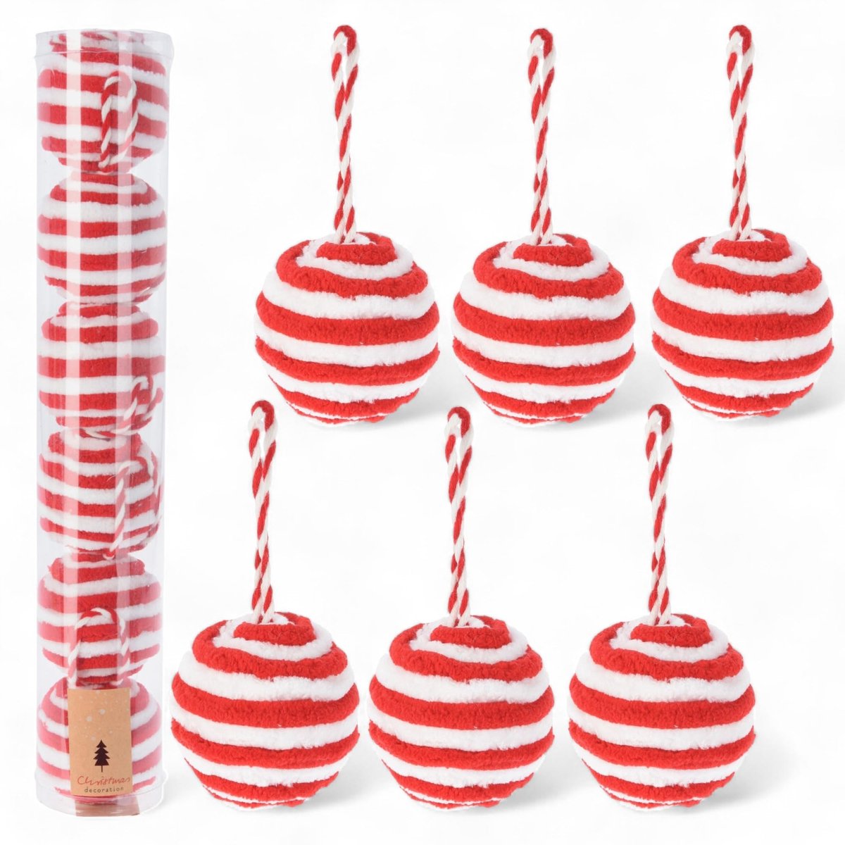 Dailygoods- Kerstballen Snoepriet Design - Rode/Witte Kerstballen - Verpakking van 6 - 6 cm - Pluche Oppervlak - Decoratie voor Kerstboom - Kerstornamenten