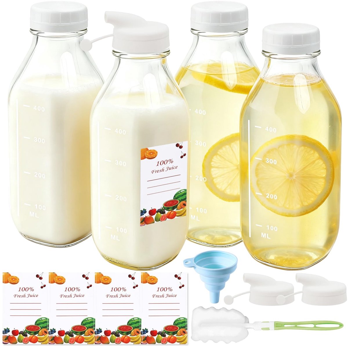 Dailygoods- Sapflessen 4-Pack 500ml - Glazen Flessen met Deksel - Breed Mondontwerp - Siliconen Schenktuit - Voor Smoothies/Sap/Dranken - Drinkfles