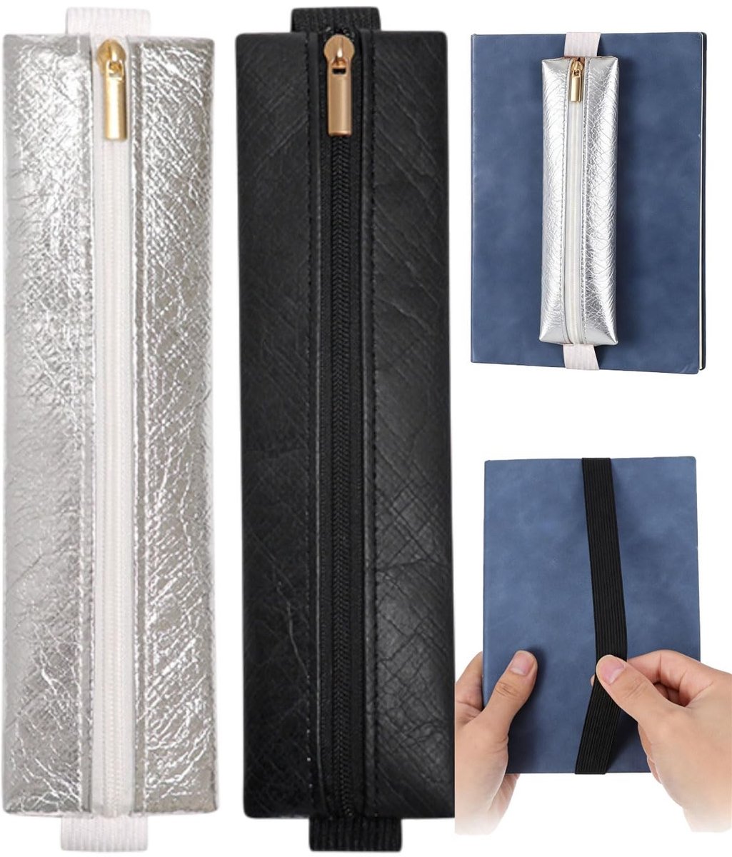 Dailygoods- Pennenhouder Compact Ontwerp - 2 Stuks - Notitieboek/Pennenetui - Ritssluiting - Verstelbare Elastische Band - Lichtgewicht Papiermateriaal