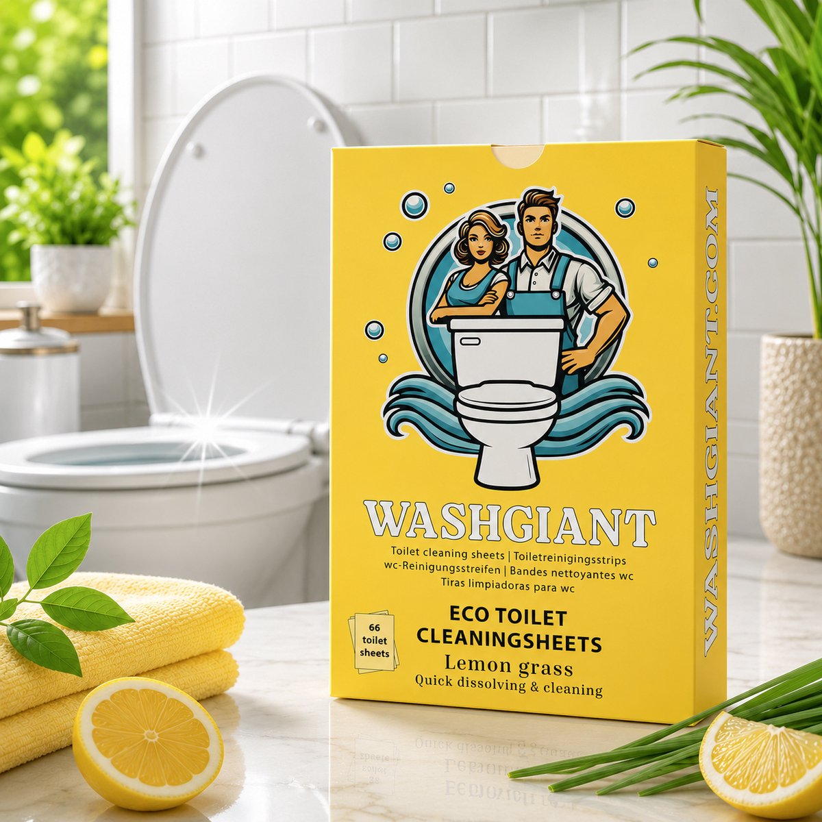 Washgiant Toiletreiniger Strips Lemongrass – WC Reiniger – Toilet Schoonmaakdoekjes – Microplasticvrij – 66 Stuks