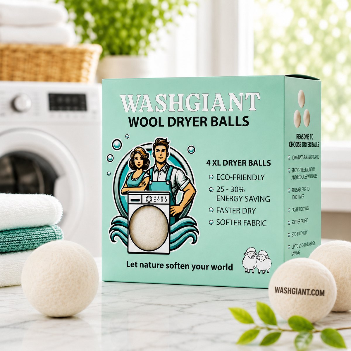 Washgiant Wasdrogerballen – Wollen Drogerbollen – Wasverzachter Alternatief – Kortere Droogtijd – 4 Stuks