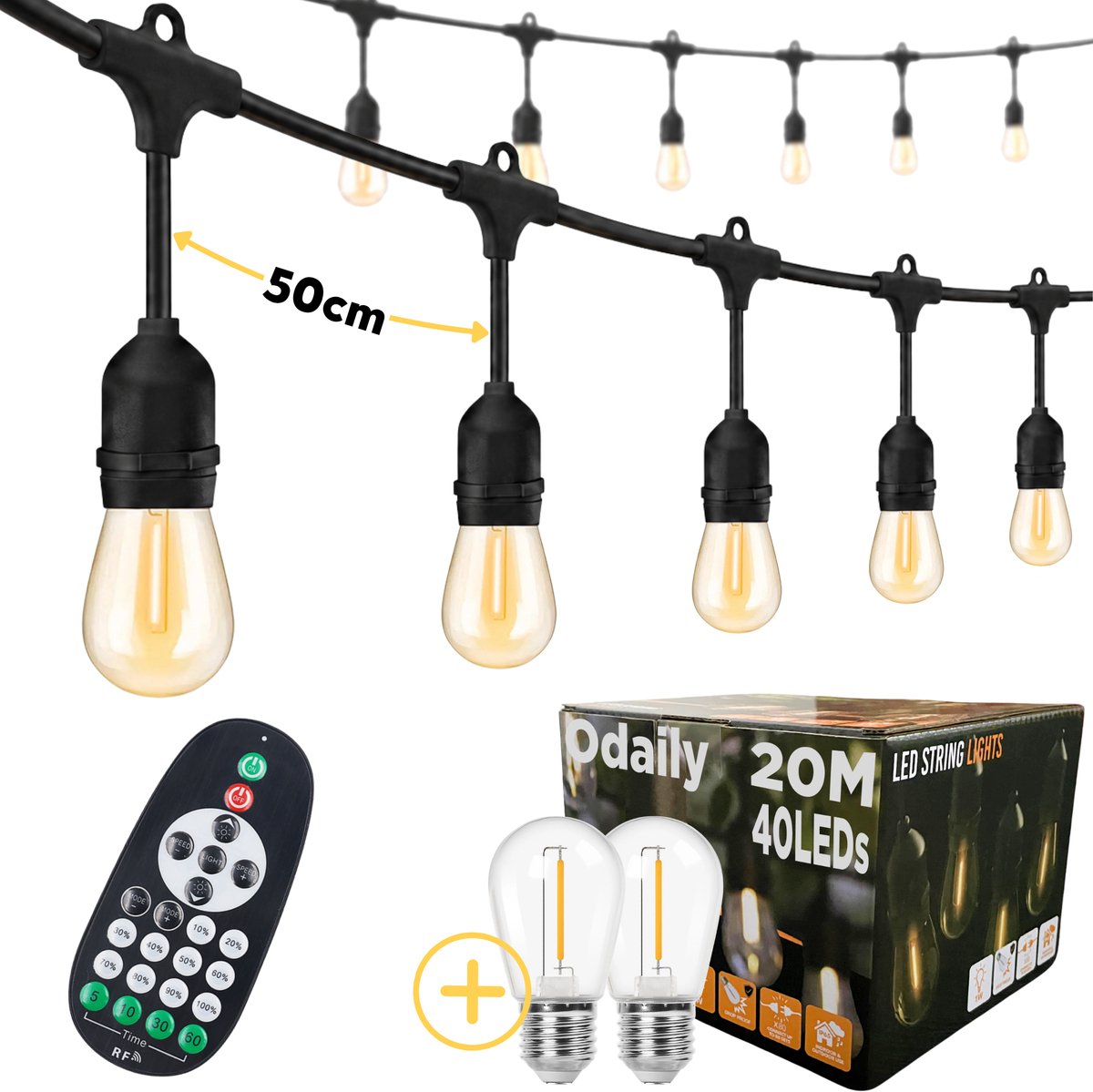 Odaily Lichtsnoer Buiten - 20 Meter - 40 LED Lampen - Warm Wit Licht - Dimbaar - Horecakwaliteit