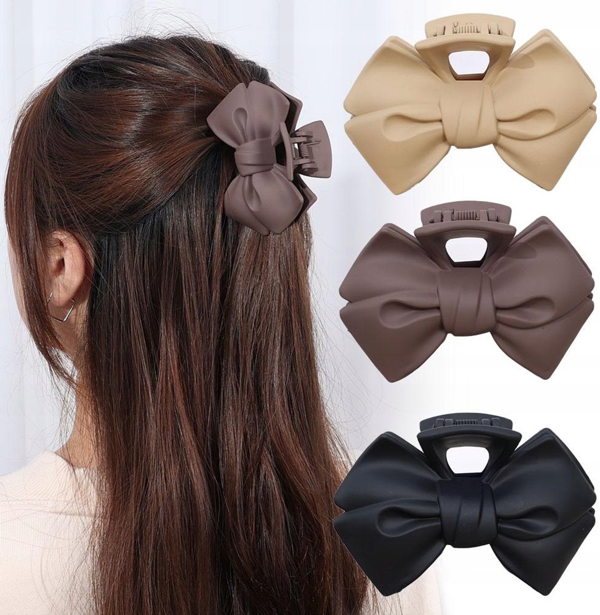 Set van 3 Haarclips met Strik - Mat Beige, Bruin, Zwart