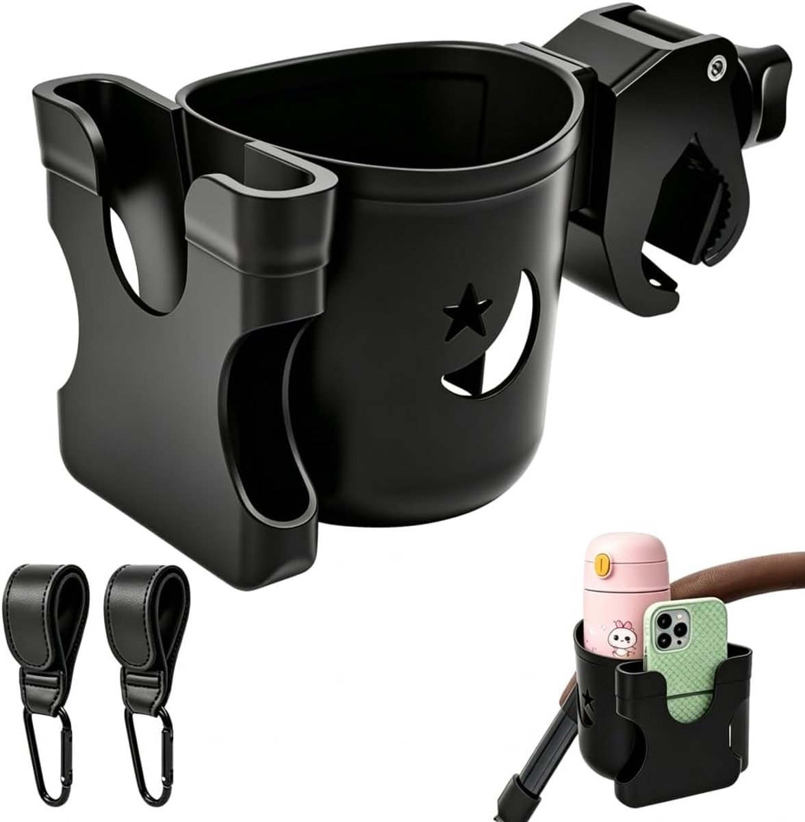 Bekerhouder kinderwagen met telefoonhouder - multifunctioneel met haken - houdt handen vrij - ShopVlot