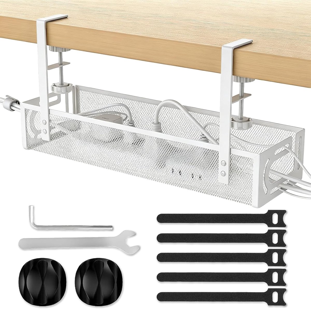 Cable management pocket bureau 39x12x7cm - wit - kabelhouder met klem - voorkomt kabeltangled - ShopVlot