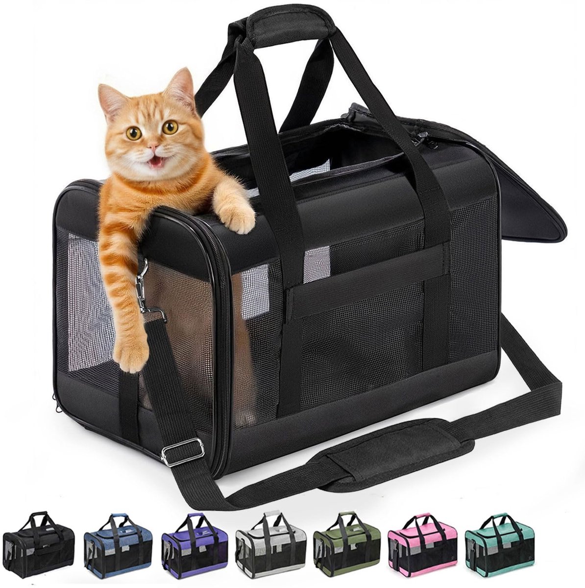 Famanu – Zachte kattenbox voor vliegtuigvervoer, hondentransportbox met binnenriem, opvouwbare reistas voor kleine tot middelgrote katten en puppy's tot 7 kg, zwart, M
