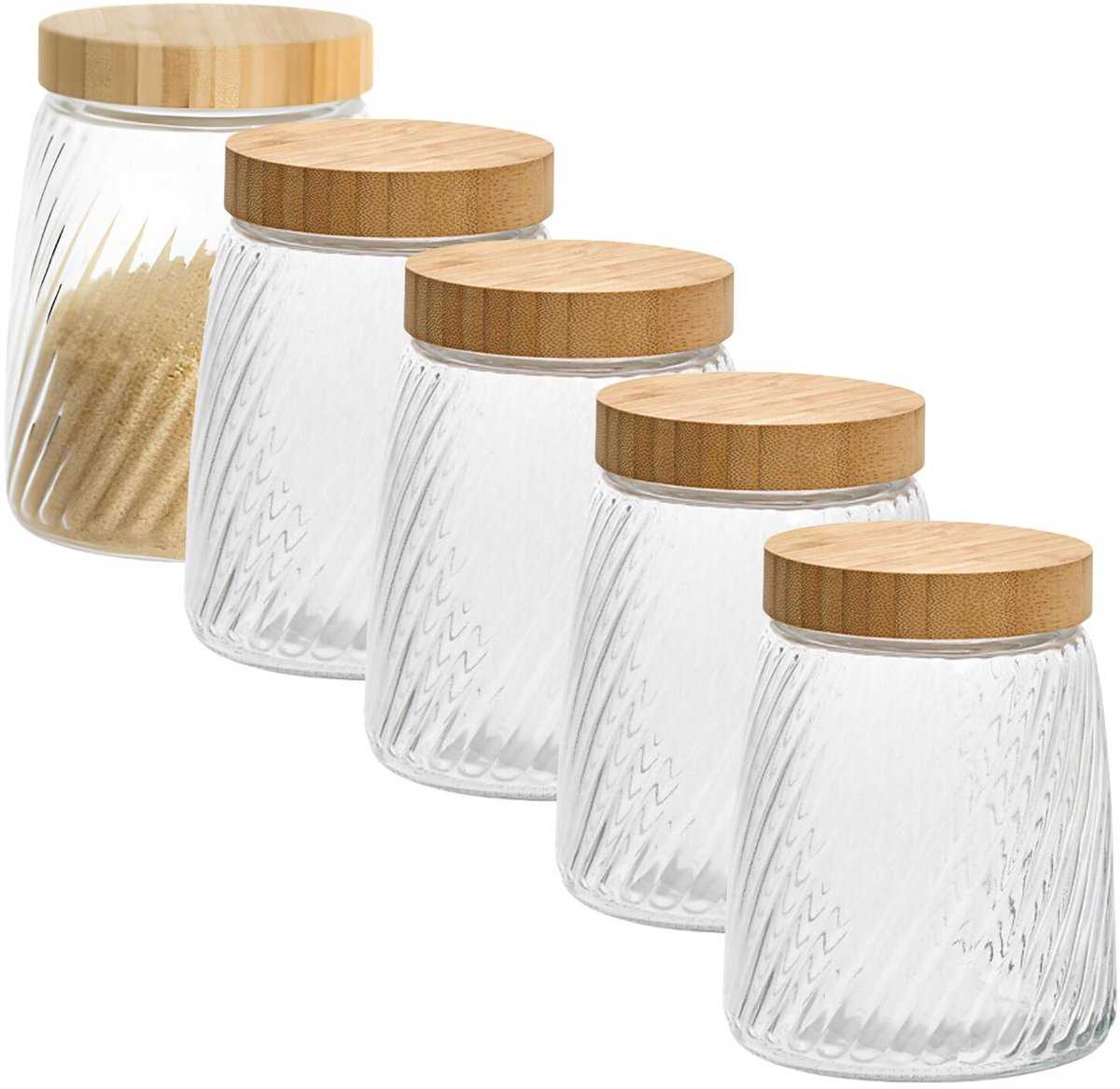 Voorraadpot Food Essentials Ventura - 5x - keuken - ribbel glas / bamboe - 1.3 liter - luchtdichte draaideksel - bewaarpotten - opslagpotten