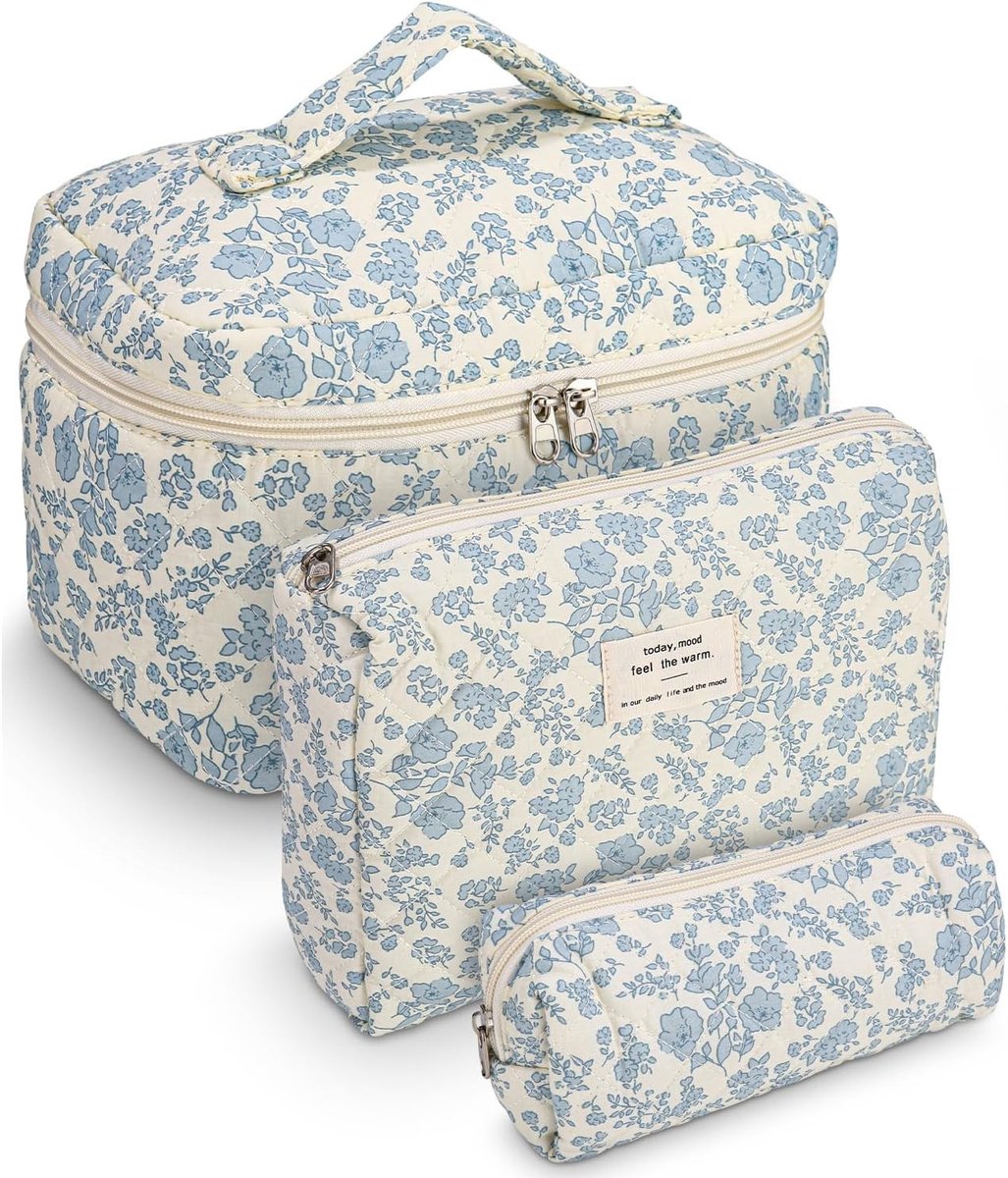 Set van 3 Make-uptassen - Blauw - 16 x 15 x 24 cm - Katoenen Tassen met Bloemenpatroon - Voor Make-up en Elektronische Accessoires