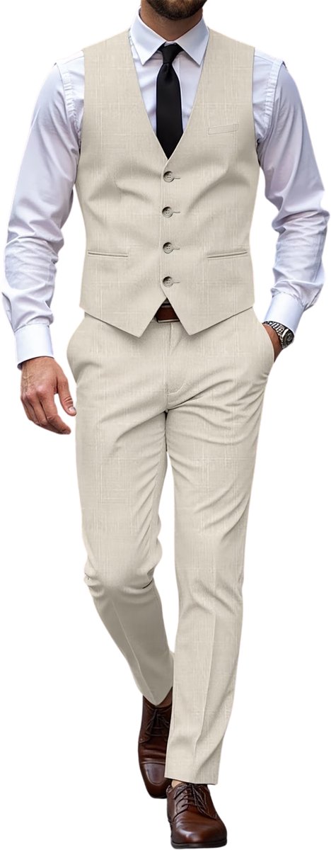 Currero 3 Delig Herenpak Met Overhemd - Suit 2 Delig - Tailored Fit Kostuum - Business Pak - Trouwpak - Smoking - Tuxedo Stijl - Bruiloft, Kantoor & Feest - Abrikoos S