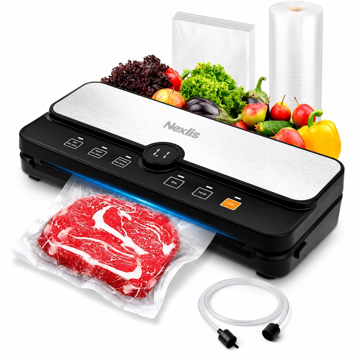 Nexlis Vacumeermachine – Vacuümmachines – Vacuum Sealer - Seal Apparaat - Foodsaver - 3m PFAS-vrije Rol + 5 Vacuümzakken – Vacuumslang - 8L/min