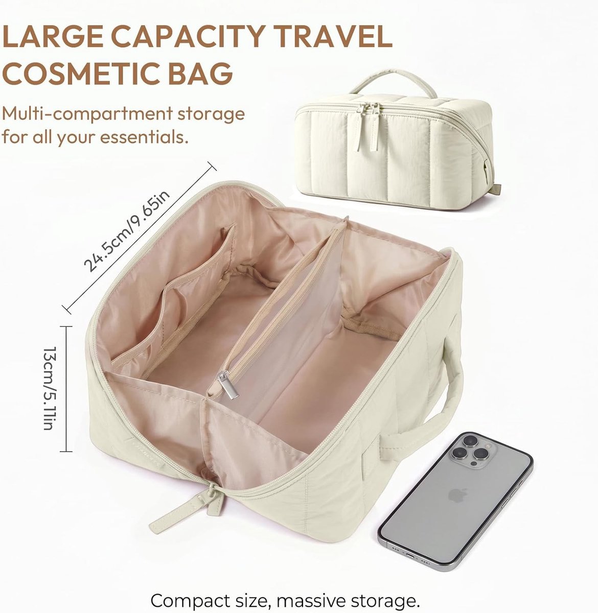 Cosmeticatas voor dames - Beige - 24,5 x 13 x 13 cm - Waterdichte Make-uptas met Handvat - Voor Reizen en Dagelijks Gebruik