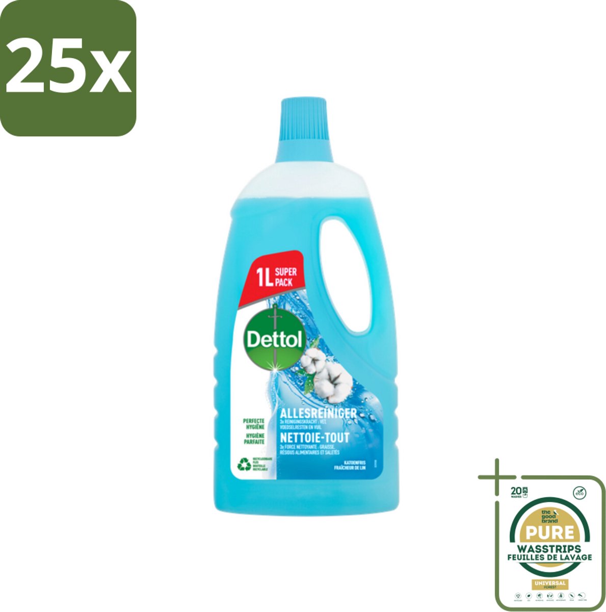 25 x Dettol - Allesreiniger - Power & Fresh - Katoenfris - 1 liter - Grootverpakking - Allesreiniger - Hygiëne - Reiniging - Vet Verwijderen - Voedselresten Verwijderen