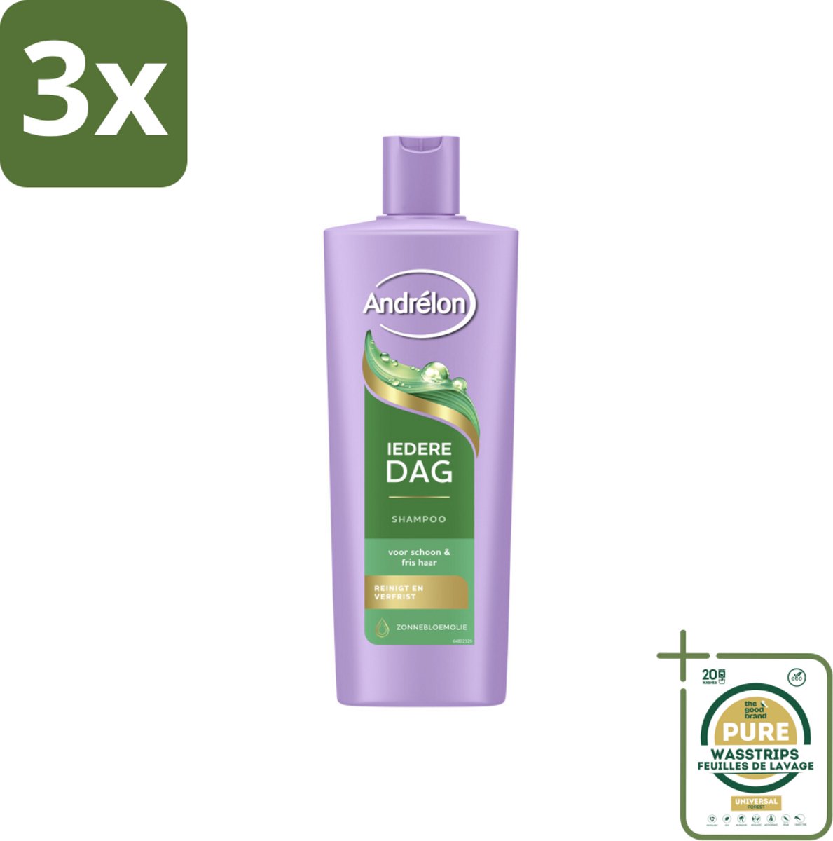 3 x Andrélon – Shampoo – Iedere Dag – 400 ml - Grootverpakking - Iedere Dag Shampoo - Dagelijks Wassen - Haar Verzorging - Zonnebloemolie Shampoo - Milde Shampoo