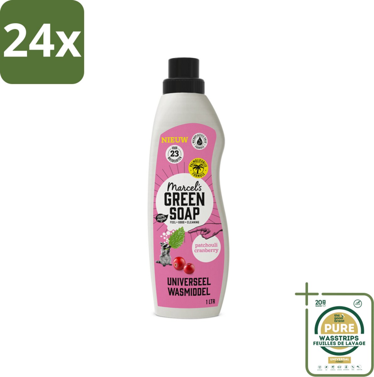 Marcel's Green Soap - Vloeibaar Wasmiddel - Patchouli & Cranberry - Effectief & natuurlijk - 23 Wasbeurten - 1 liter - Voordeelverpakking - 24 stuks - Milieuvriendelijk wasmiddel - Natuurlijke zeep