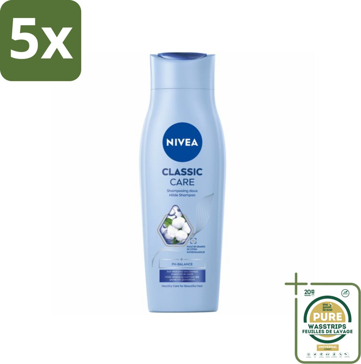 5 x NIVEA - Shampoo - Klassieke Verzorging - Gezonde Zorg - Glanzend Haar - 250 ml - Grootverpakking - NIVEA Shampoo - Gezond Haar - Glanzend Haar - Verzorgend Shampoo - Milde Shampoo