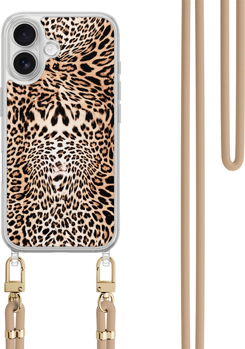 Hoesje met koord - Geschikt voor iPhone 17 - Luipaardprint - Verstelbaar zwart koord - Bruin - Luipaardprint - Leuke Telefoonhoesjes