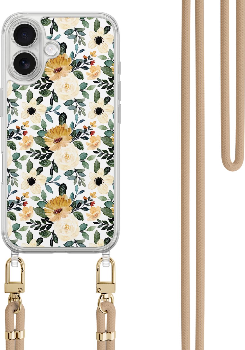 Hoesje met koord - Geschikt voor iPhone 17 - Lovely flowerss - Verstelbaar zwart koord - Geel - Bloemen - Leuke Telefoonhoesjes
