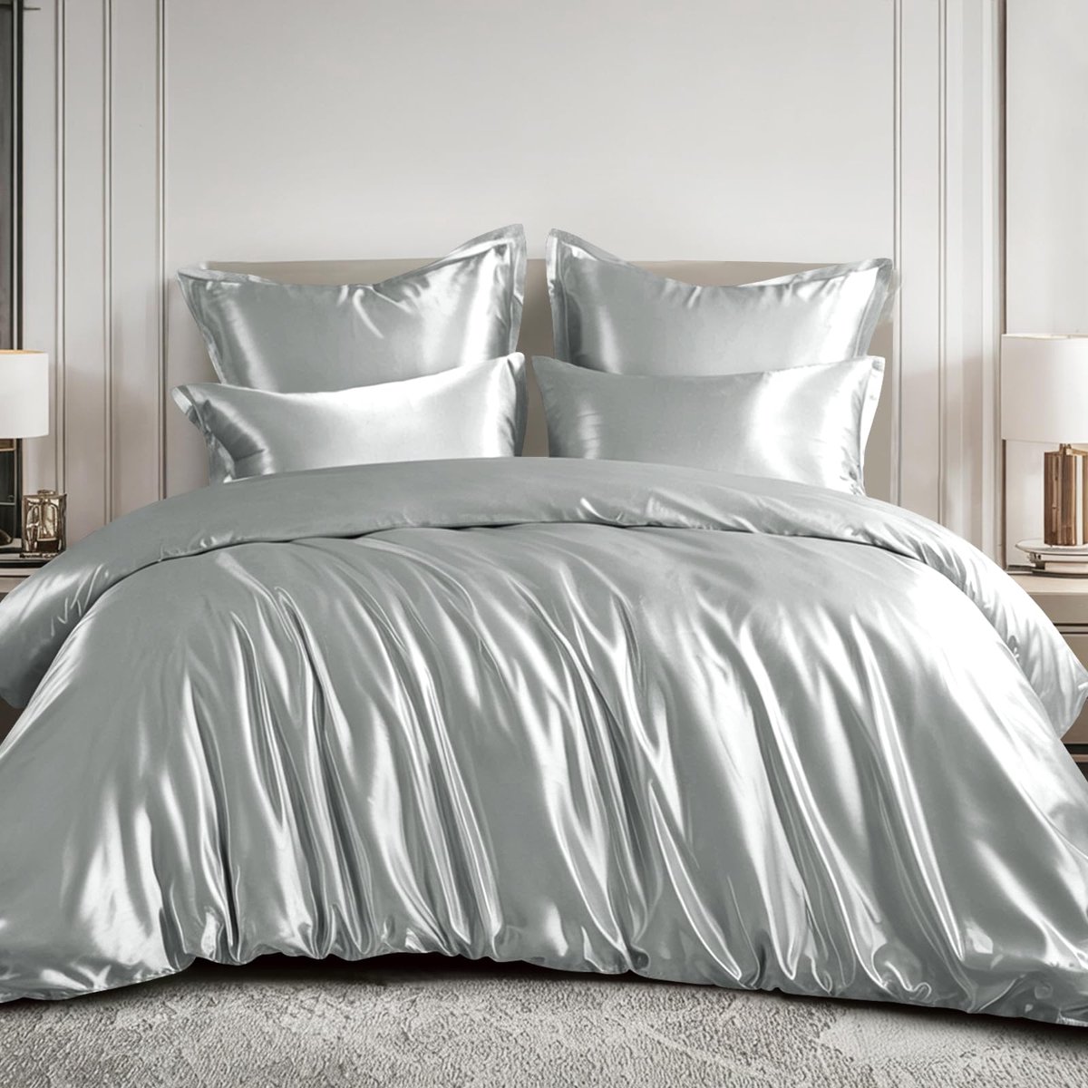 Beddengoedset 220 x 240 cm - Luxe satijn - Glanzend lichtgrijs - Voor een zijdezacht gevoel - ShopVlot