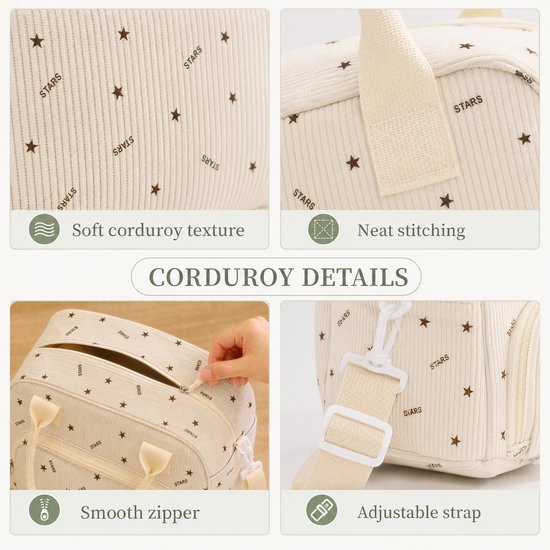 Rainbecom Koeltas Dames 9,5L - Geïsoleerde Lunchtas en Lunch Bag van Corduroy - Thermotas met Schouderband en Opbergvakken - Koeltassen Voor Werk, School en Picknick - Beige Sterren van Rainbecom — afbeelding 4
