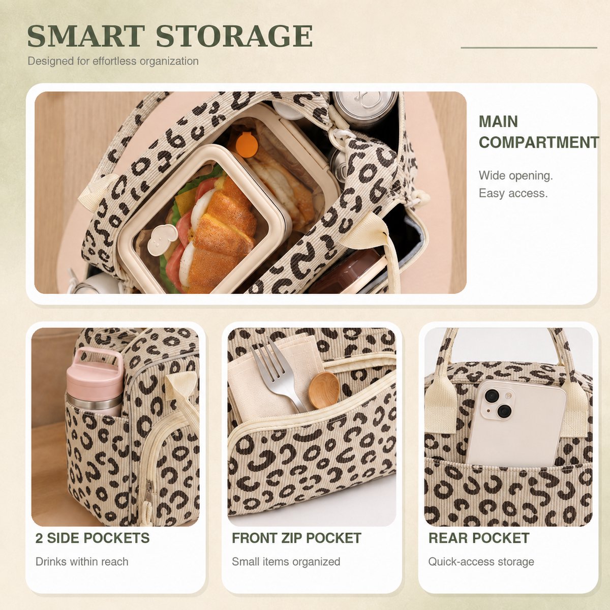 Rainbecom Koeltas Dames 9,5L - Geïsoleerde Lunchtas en Lunch Bag van Corduroy - Thermotas met Schouderband en Opbergvakken - Koeltassen Voor Werk, School en Picknick - Beige Panter — cadeau in Cadeau-ideeën - foto 8